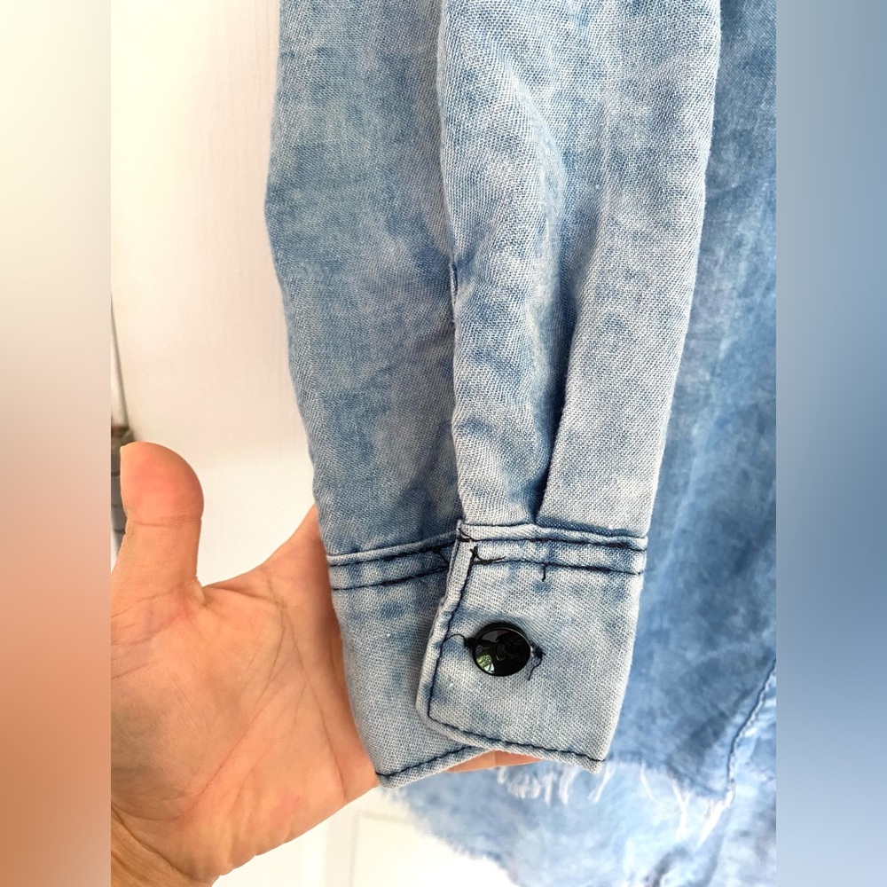 KROIX Cotton Rhinestones Details Raw Hem Hi Lo Denim Button-Up Shirt Dress Sz M - Picture 5 of 17